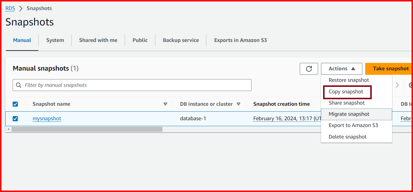 Picture showing the Copy snapshot option to create a copy of snapshot